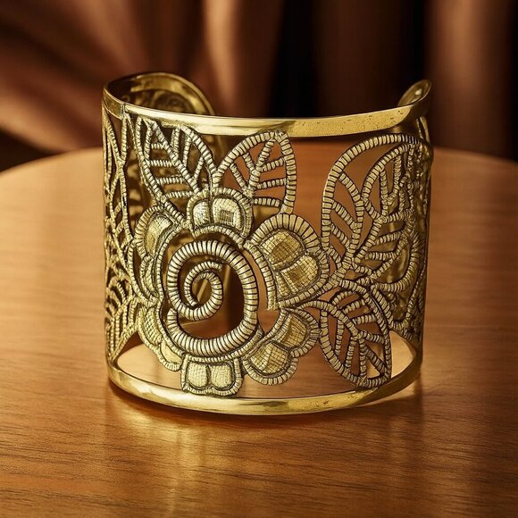 Vintage Style Trendy Boho Chic Floral Wide Cuff Bracelet Antique Gold Finish - Picture 7 of 12